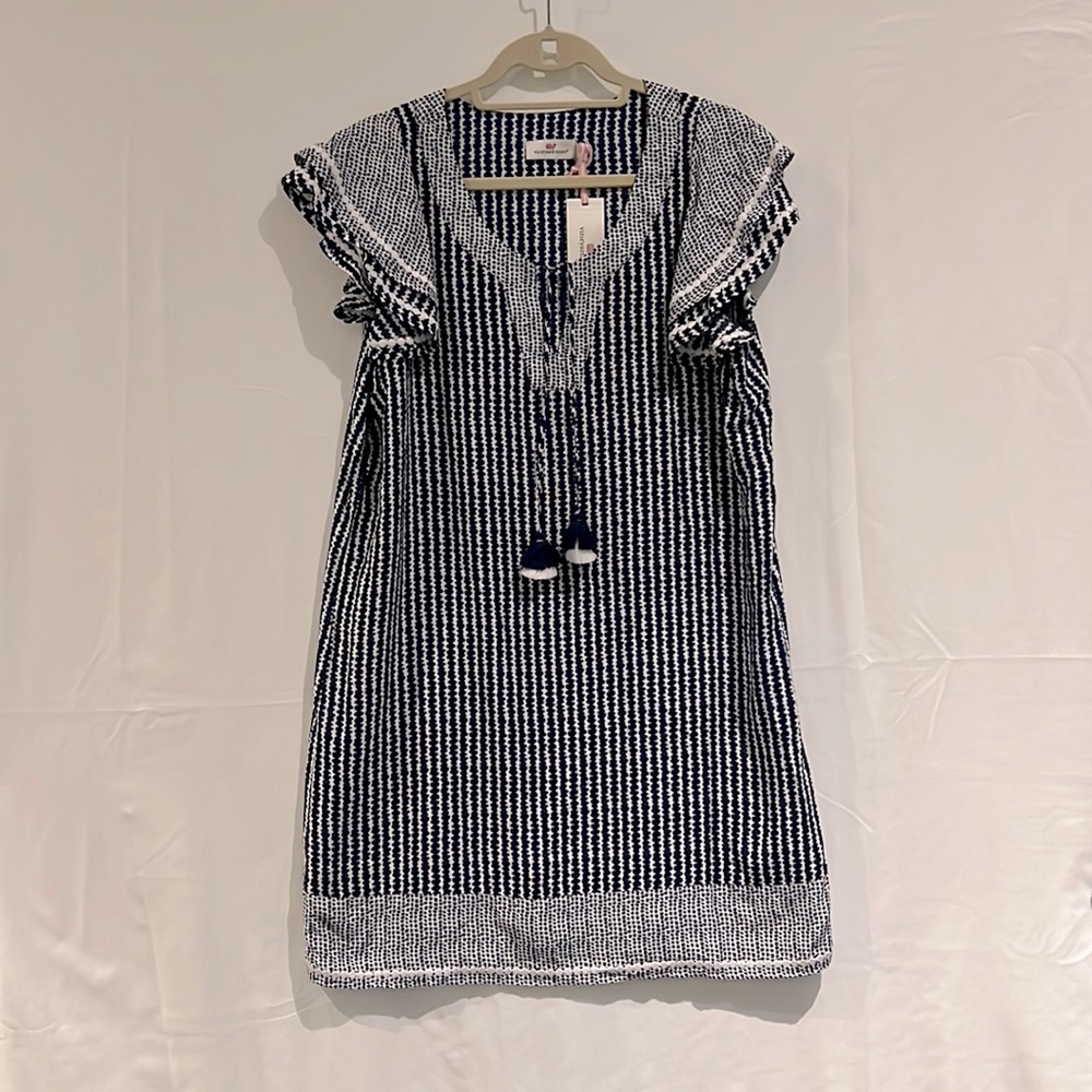 NWT VV Dot Stripe Vineyard Tunic Dress w/ Tassels, detail on flutter sleeves, M